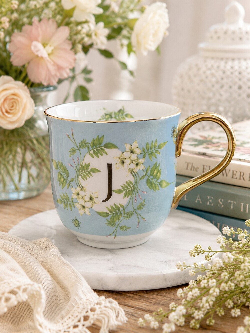 Anthropologie Lou Rota Monogram J Mug Bee Floral Gold Handle Cottagecore